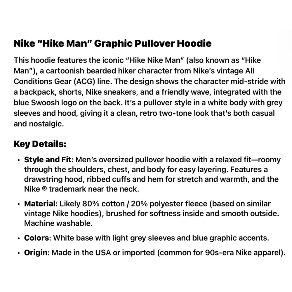 Nike Hike Man Graphic Hoodie Jacket Men's L White Gray Retro Reissue Pullover - Picture 5 of 5